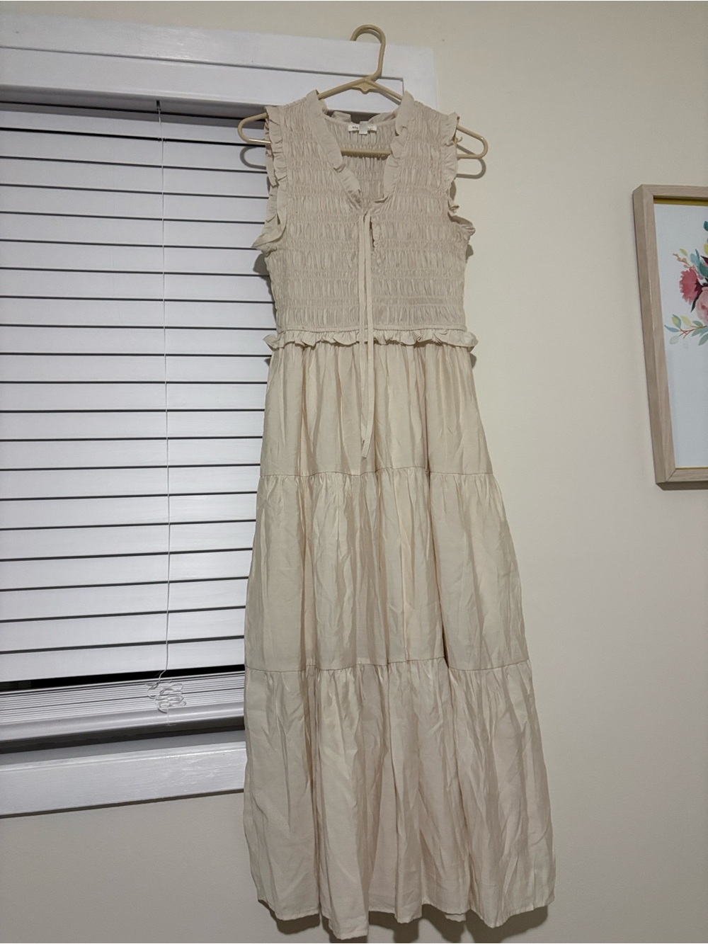 Blu Pepper Cream Smocked Tie-Front Maxi Dress